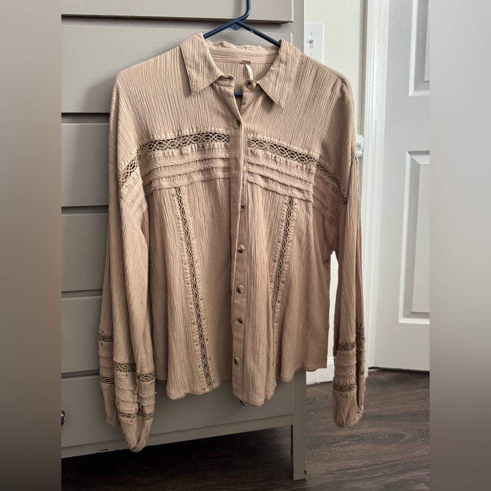Beige Button-Up Blouse with Lace Details